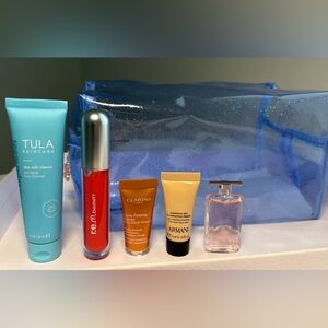 New Blue Glitter Clear Travel Pouch with Charm and Assorted Beauty Products